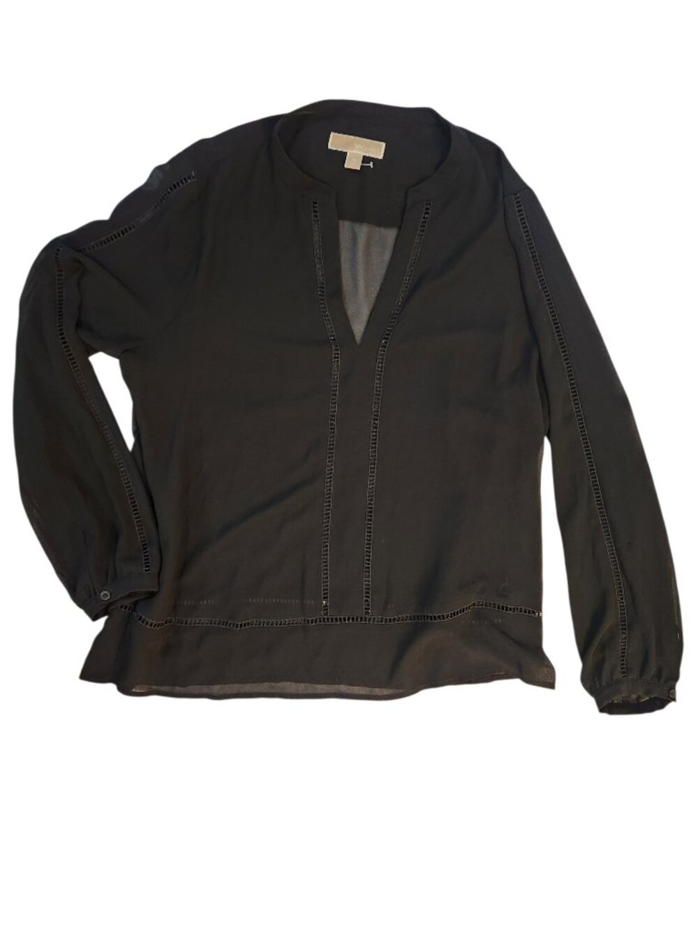 Michael Kors Long Sleeve Blouse Shirt Black Size XL Pullover Sheer V Neck